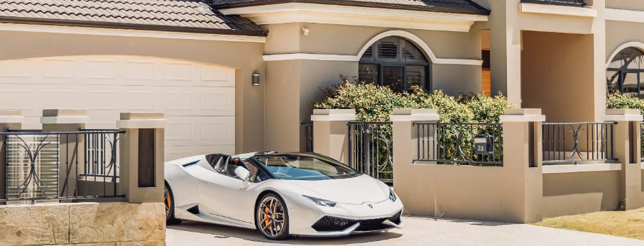 White Lamborghini Huracán Spyder in the driveway of a Mirage Stays residence in Perth