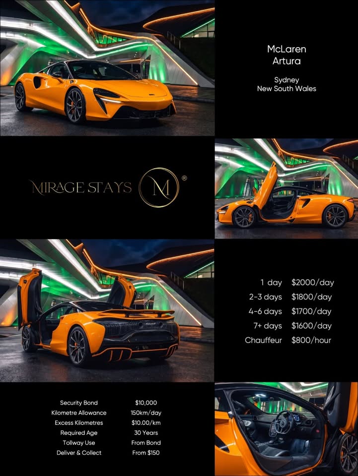 McLaren Artura available for hire in Sydney through Mirage Stays